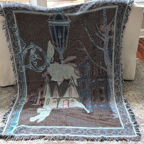 Vintage Christmas Cardinal Winter Village Scene Woven Tapestry Throw Blanket - Picture 9 of 11